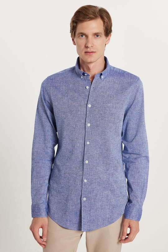 Erkek Slim Fit Dar Kesim Uzun Kollu Keten Premium Seri Düğmeli Yaka Spor Lacivert Gömlek