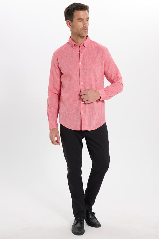 Erkek Slim Fit Dar Kesim Uzun Kollu Keten Premium Seri Düğmeli Yaka Spor Nar Rengi Gömlek