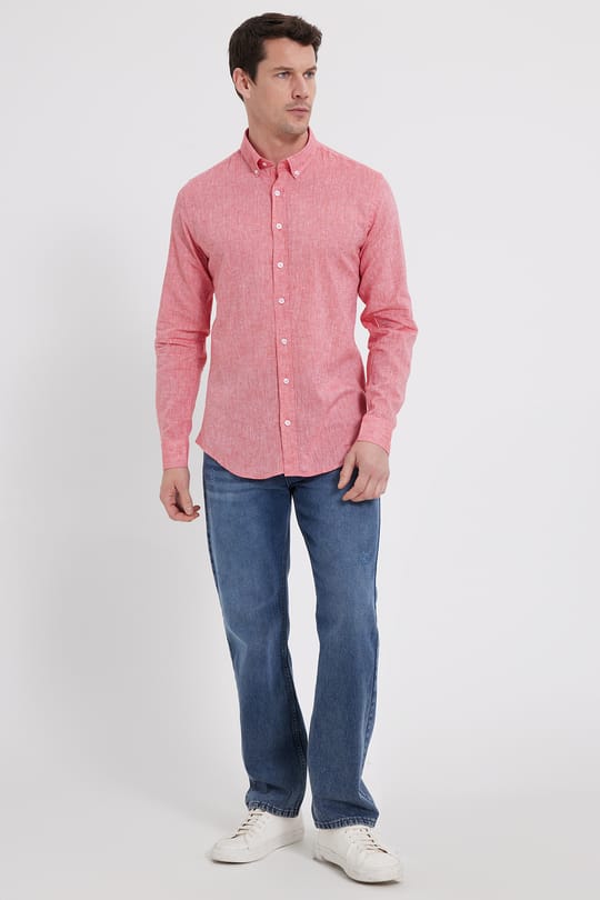 Erkek Slim Fit Dar Kesim Uzun Kollu Keten Premium Seri Düğmeli Yaka Spor Nar Rengi Gömlek
