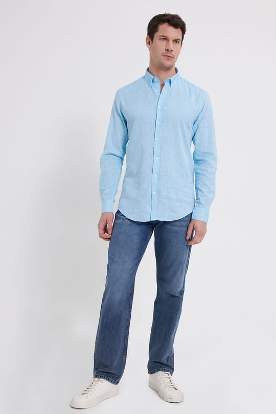Erkek Slim Fit Dar Kesim Uzun Kollu Keten Premium Seri Düğmeli Yaka Spor Açık Mavi Gömlek