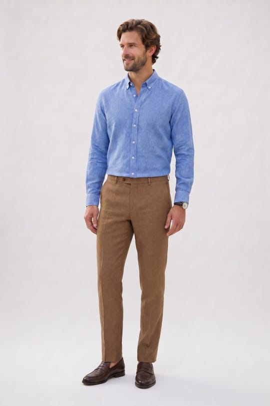 Erkek Slim Fit Dar Kesim Uzun Kollu Keten Premium Seri Düğmeli Yaka Spor Mavi Gömlek