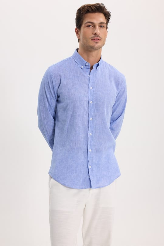 Erkek Slim Fit Dar Kesim Uzun Kollu Keten Premium Seri Düğmeli Yaka Spor Mavi Gömlek
