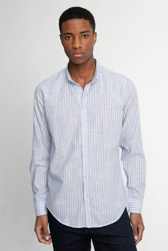 Erkek Slim Fit Dar Kesim Uzun Kollu %100 Pamuk Keten Doku Düğmeli Yaka Çizgili Mavi Gömlek