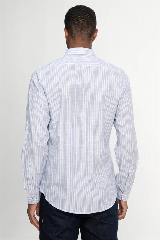 Erkek Slim Fit Dar Kesim Uzun Kollu %100 Pamuk Keten Doku Düğmeli Yaka Çizgili Mavi Gömlek