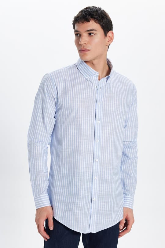 Erkek Slim Fit Dar Kesim Uzun Kollu %100 Pamuk Keten Doku Düğmeli Yaka Çizgili Mavi Gömlek