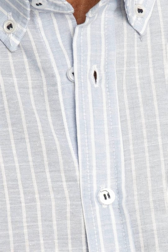 Erkek Slim Fit Dar Kesim Uzun Kollu %100 Pamuk Keten Doku Düğmeli Yaka Çizgili Mavi Gömlek