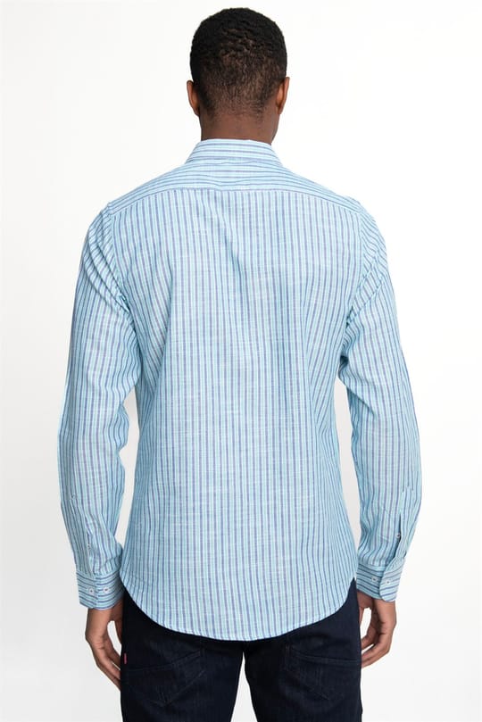 Erkek Slim Fit Dar Kesim Uzun Kollu %100 Pamuk Keten Doku Düğmeli Yaka Çizgili Turkuaz Gömlek