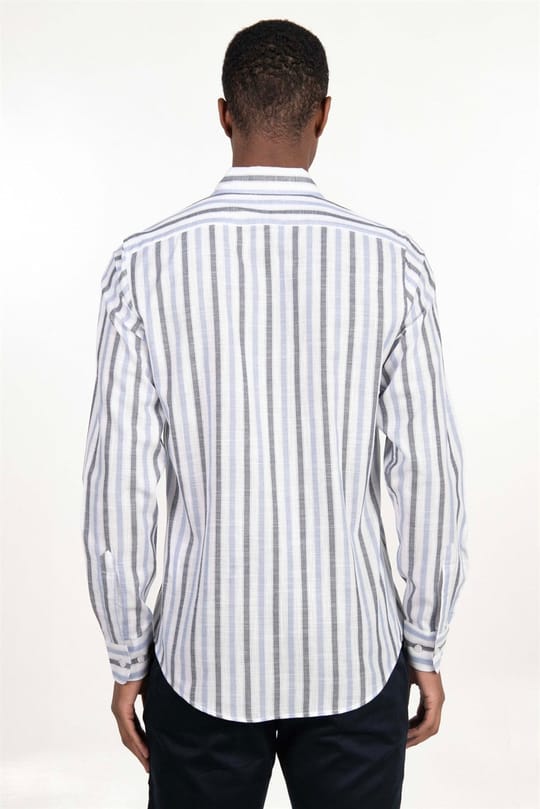 Erkek Slim Fit Dar Kesim Uzun Kollu %100 Pamuk Keten Doku Düğmeli Yaka Çizgili Gömlek