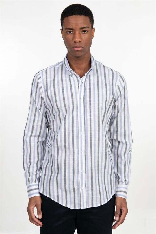Erkek Slim Fit Dar Kesim Uzun Kollu %100 Pamuk Keten Doku Düğmeli Yaka Çizgili Gömlek