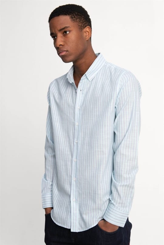 Erkek Slim Fit Dar Kesim Uzun Kollu %100 Pamuk Keten Doku Düğmeli Yaka Çizgili Yeşil Gömlek
