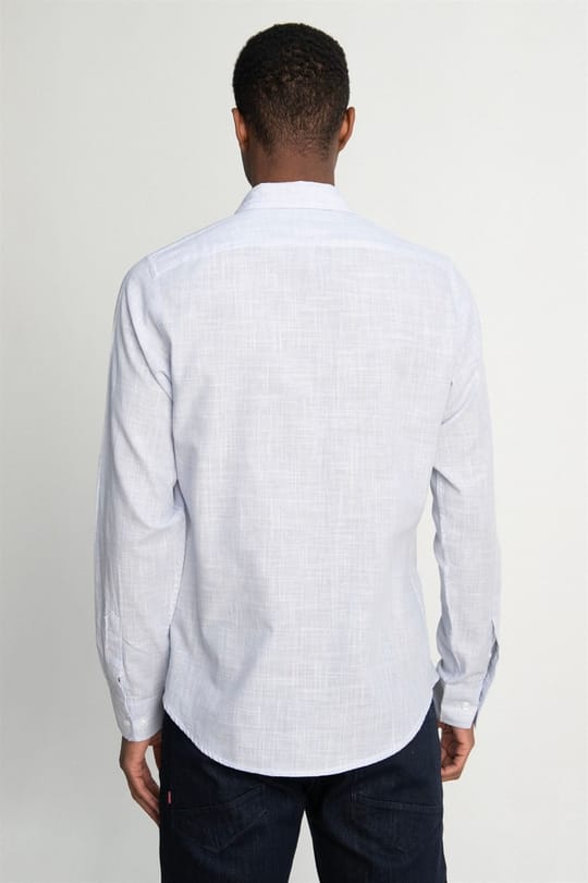 Erkek Slim Fit Dar Kesim Uzun Kollu %100 Pamuk Keten Doku Çizgili Spor Yaka Mavi Gömlek