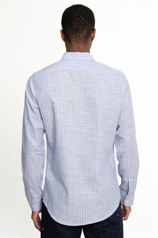 Erkek Slim Fit Dar Kesim Uzun Kollu %100 Pamuk Keten Doku Çizgili Spor Yaka Mavi Gömlek
