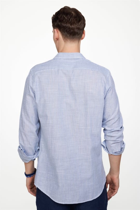 Erkek Slim Fit Dar Kesim Uzun Kollu %100 Pamuk Keten Doku Çizgili Spor Yaka Mavi Gömlek