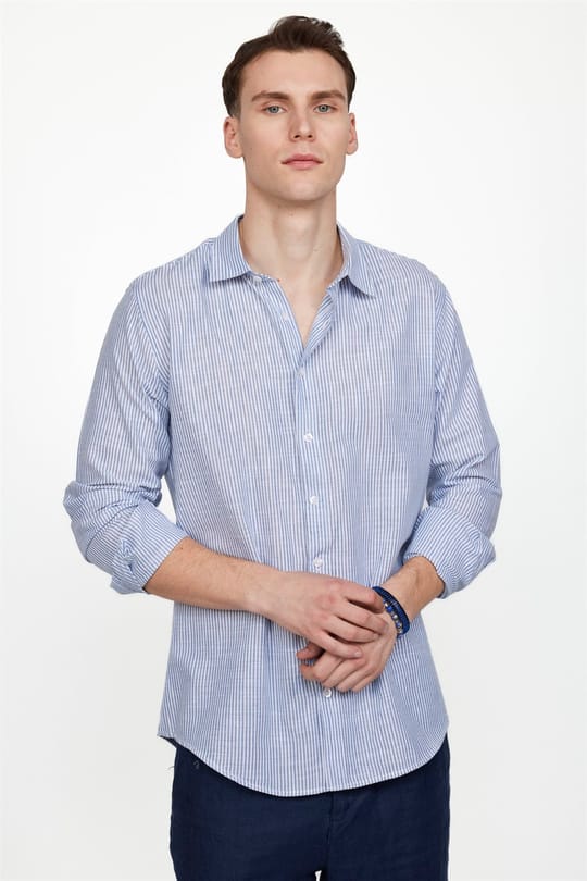 Erkek Slim Fit Dar Kesim Uzun Kollu %100 Pamuk Keten Doku Çizgili Spor Yaka Mavi Gömlek
