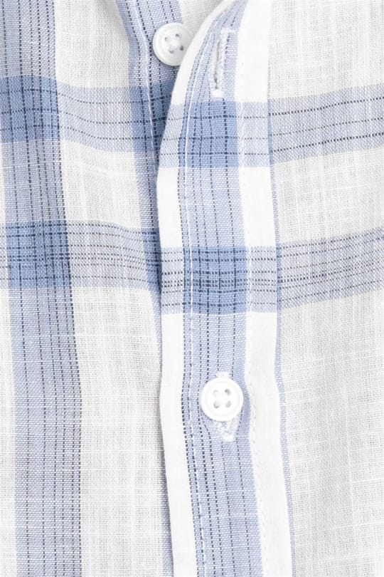 Erkek Slim Fit Dar Kesim Uzun Kollu %100 Pamuk Keten Doku Kareli Düğmeli Yaka Beyaz Gömlek