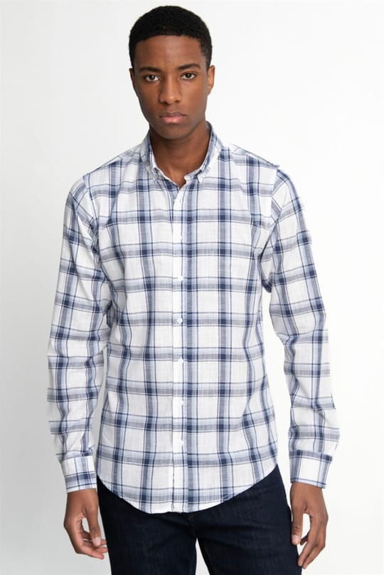 Erkek Slim Fit Dar Kesim Uzun Kollu %100 Pamuk Keten Doku Kareli Düğmeli Yaka Beyaz Gömlek