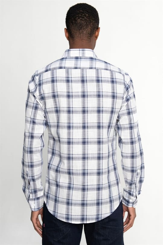 Erkek Slim Fit Dar Kesim Uzun Kollu %100 Pamuk Keten Doku Kareli Düğmeli Yaka Beyaz Gömlek