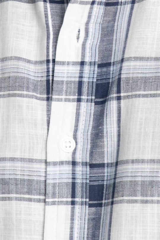 Erkek Slim Fit Dar Kesim Uzun Kollu %100 Pamuk Keten Doku Kareli Düğmeli Yaka Beyaz Gömlek
