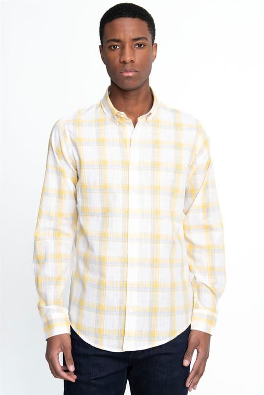 Erkek Slim Fit Dar Kesim Uzun Kollu %100 Pamuk Keten Doku Kareli Düğmeli Yaka Beyaz Gömlek