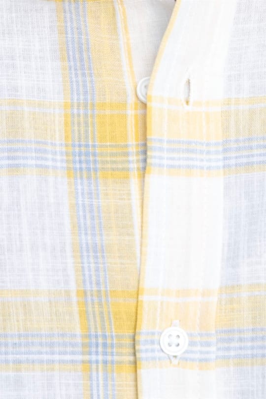 Erkek Slim Fit Dar Kesim Uzun Kollu %100 Pamuk Keten Doku Kareli Düğmeli Yaka Beyaz Gömlek