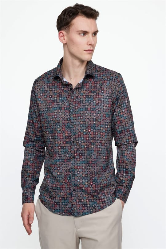 Slim Fit Dar Kesim Uzun Kol Likralı Baskılı Yüksek Yaka Erkek Gömlek