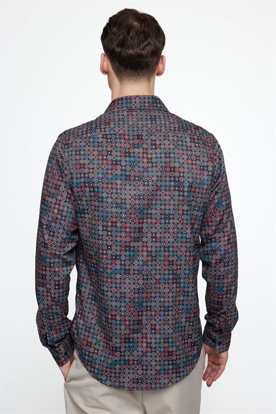 Slim Fit Dar Kesim Uzun Kol Likralı Baskılı Yüksek Yaka Erkek Gömlek