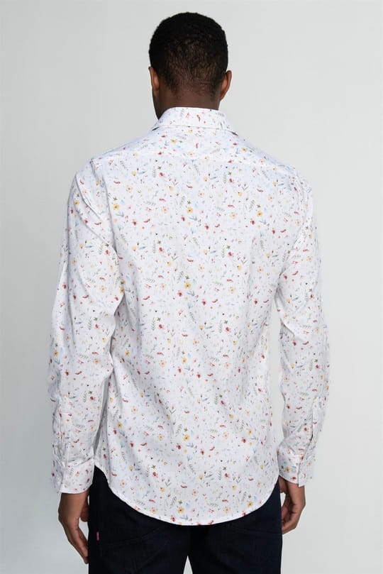 Slim Fit Dar Kesim Uzun Kol Likralı Baskılı Yüksek Yaka Erkek Gömlek