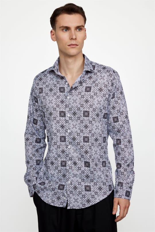 Slim Fit Dar Kesim Uzun Kol Likralı Baskılı Yüksek Yaka Erkek Gömlek