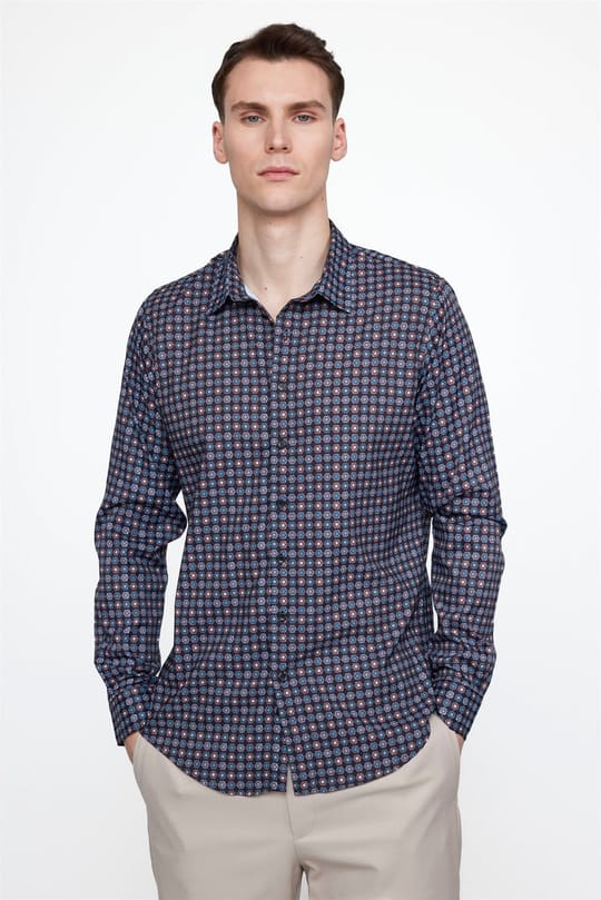 Slim Fit Uzun Kollu Dar Kesim Likralı Baskılı Erkek Gömlek