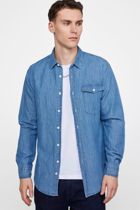 Slim Fit Uzun Kollu Dar Kesim Tek Cep Kapaklı Pamuklu Denim Kot Mavi Gömlek