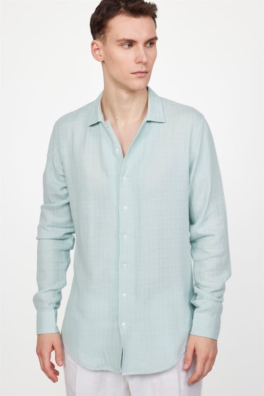 Slim Fit Dar Kesim Uzun Kollu Desenli Müslin Kumaş Apaş Yaka Mint Gömlek