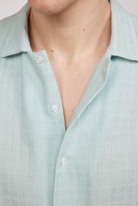 Slim Fit Dar Kesim Uzun Kollu Desenli Müslin Kumaş Apaş Yaka Mint Gömlek