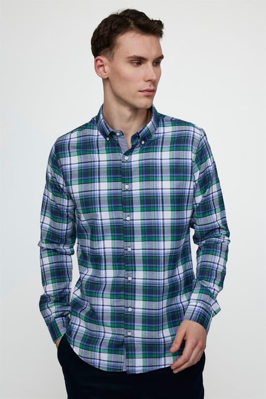 Slim Fit Uzun Kollu Düğmeli Yaka Pamuklu Ekose Spor Erkek Çok Renkli Gömlek