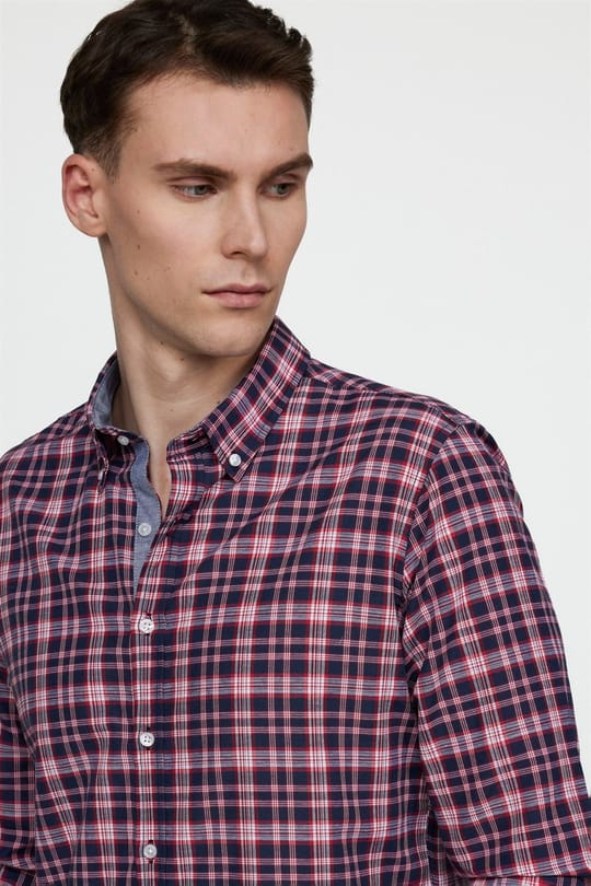 Slim Fit Uzun Kollu Düğmeli Yaka Pamuklu Ekose Spor Erkek Çok Renkli Gömlek