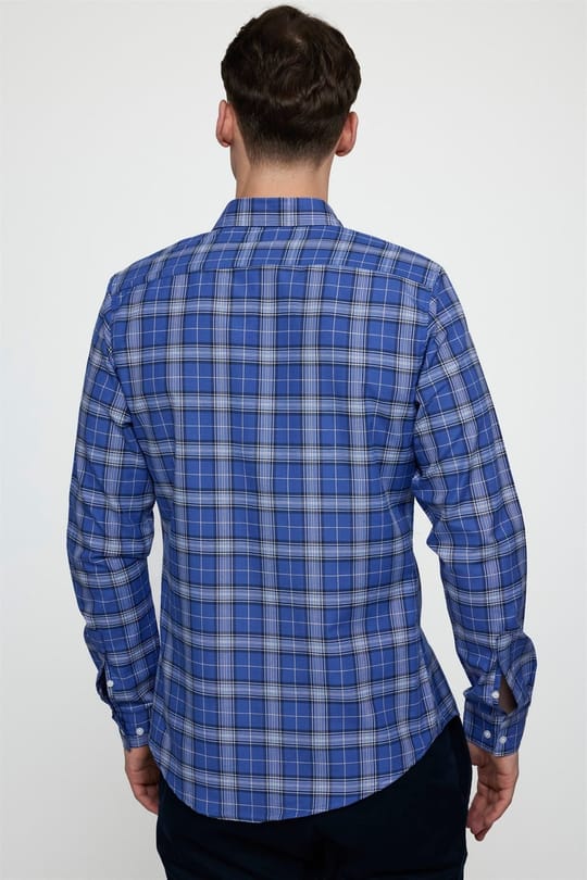 Slim Fit Uzun Kollu Düğmeli Yaka Pamuklu Ekose Spor Erkek Sax Mavi Gömlek