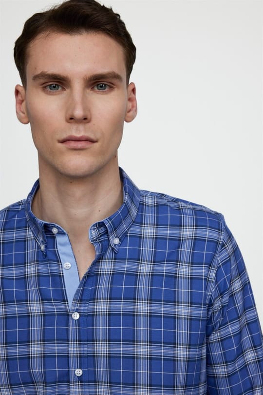 Slim Fit Uzun Kollu Düğmeli Yaka Pamuklu Ekose Spor Erkek Sax Mavi Gömlek