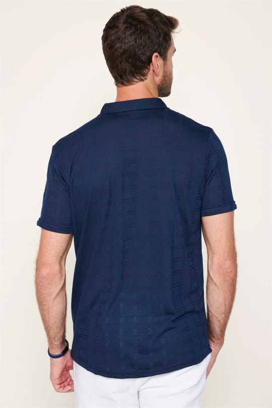 Erkek Slim Fit Kısa Kollu Desenli Örme Lacivert Gömlek