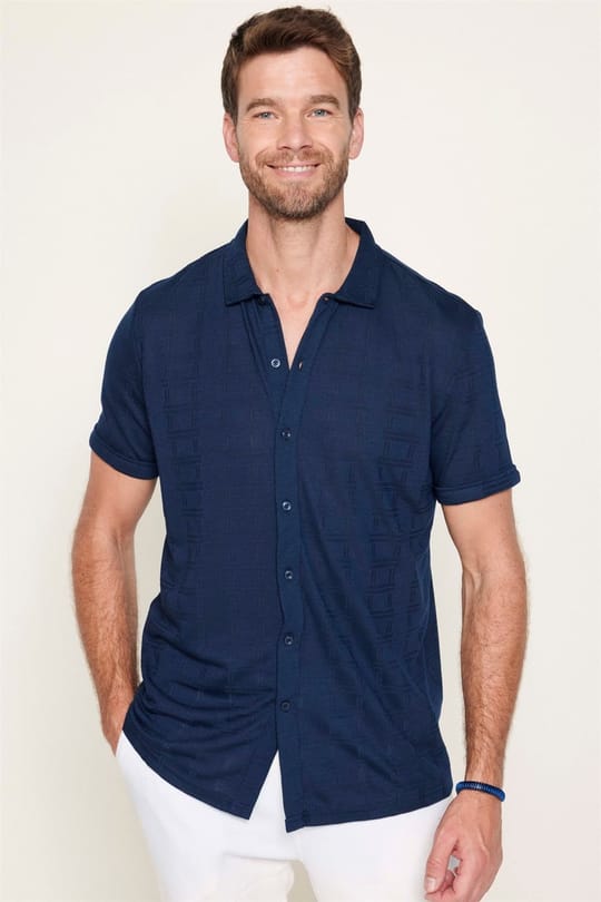 Erkek Slim Fit Kısa Kollu Desenli Örme Lacivert Gömlek