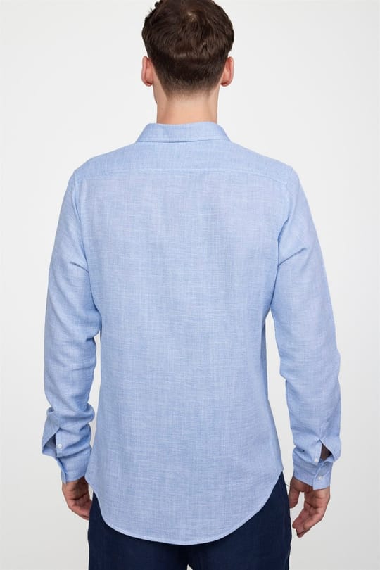 Erkek Slim Fit Dar Kesim Uzun Kollu %100 Pamuk Keten Doku Düz Biyeli Mavi Gömlek