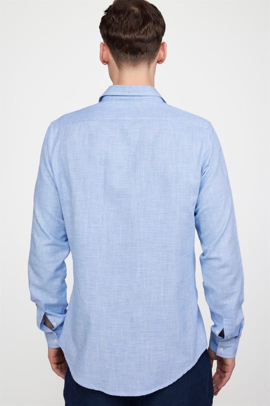Erkek Slim Fit Dar Kesim Uzun Kollu %100 Pamuk Keten Doku Düz Biyeli Mavi Gömlek
