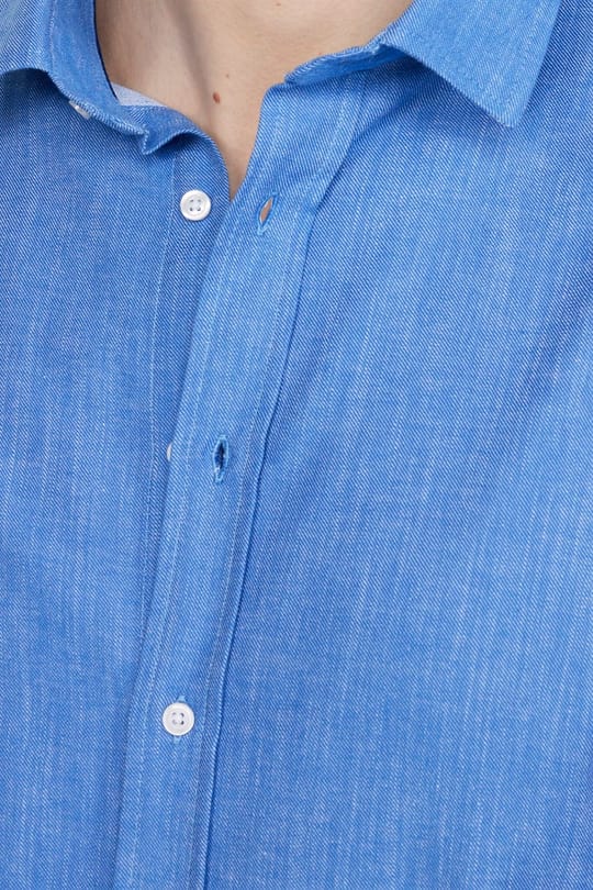 Erkek Slim Fit Dar Kesim Uzun Kollu %100 Pamuk Keten Doku Düz Biyeli Mavi Gömlek