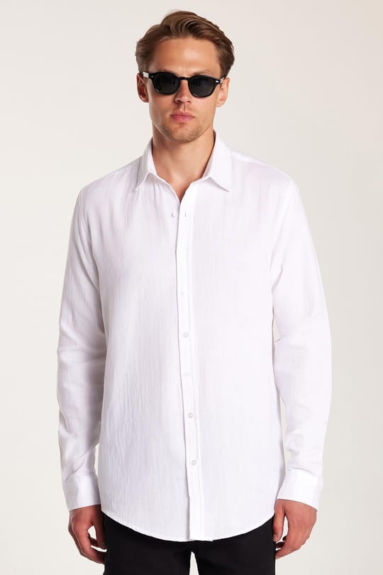 Erkek Slim Fit Dar Kesim Uzun Kollu %100 Pamuk Keten Doku Düz Biyeli Beyaz Gömlek