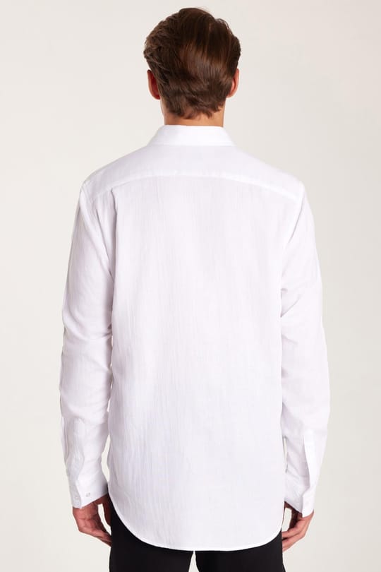 Erkek Slim Fit Dar Kesim Uzun Kollu %100 Pamuk Keten Doku Düz Biyeli Beyaz Gömlek