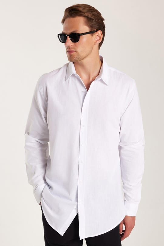 Erkek Slim Fit Dar Kesim Uzun Kollu %100 Pamuk Keten Doku Düz Biyeli Beyaz Gömlek