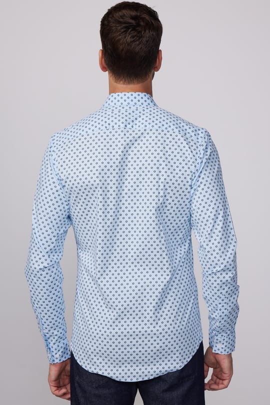 Slim Fit Uzun Kollu Likralı Baskılı Pamuklu Erkek Mavi Gömlek