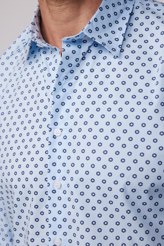 Slim Fit Uzun Kollu Likralı Baskılı Pamuklu Erkek Mavi Gömlek