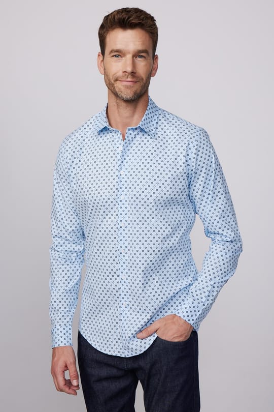 Slim Fit Uzun Kollu Likralı Baskılı Pamuklu Erkek Mavi Gömlek