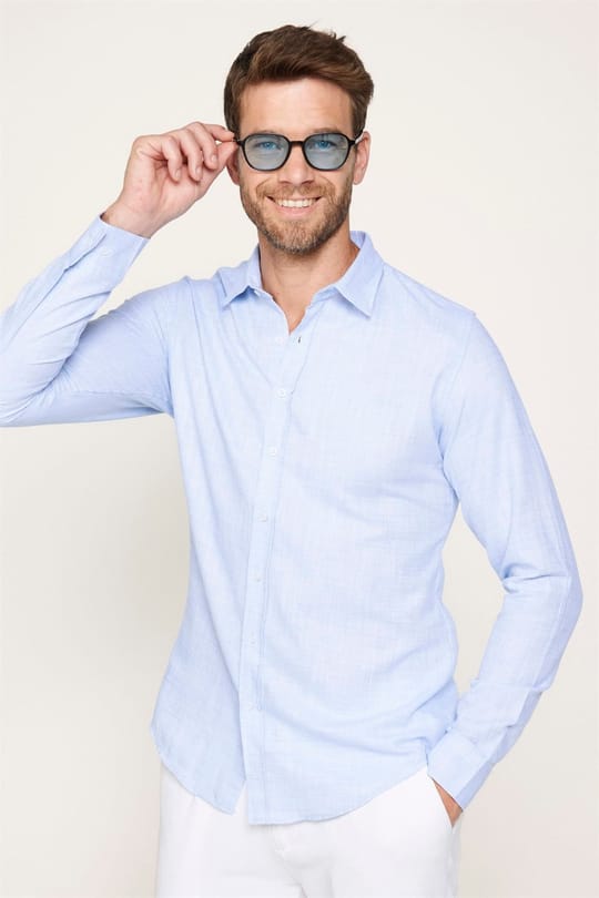 Slim Fit Pamuklu Keten Düz Yazlık Erkek Gömlek