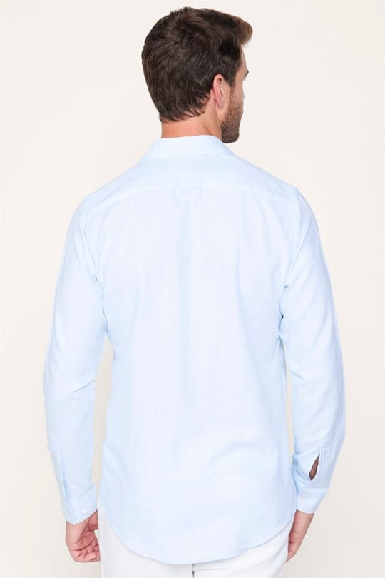 Erkek Slim Fit Dar Kesim Uzun Kollu %100 Pamuk Keten Doku Düz Mavi Gömlek