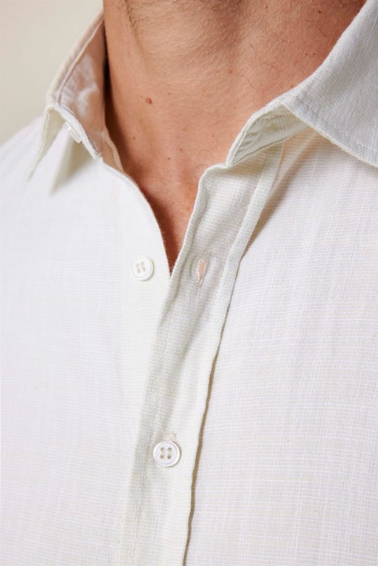 Erkek Slim Fit Dar Kesim Uzun Kollu %100 Pamuk Keten Doku Düz Sarı Gömlek